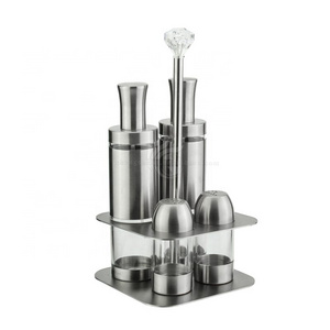 Metal Holder Stand Stainless Steel Salt Shaker Oil Bottle Dispenser & Salt Pepper Shaker 4pcs Seasoning Set