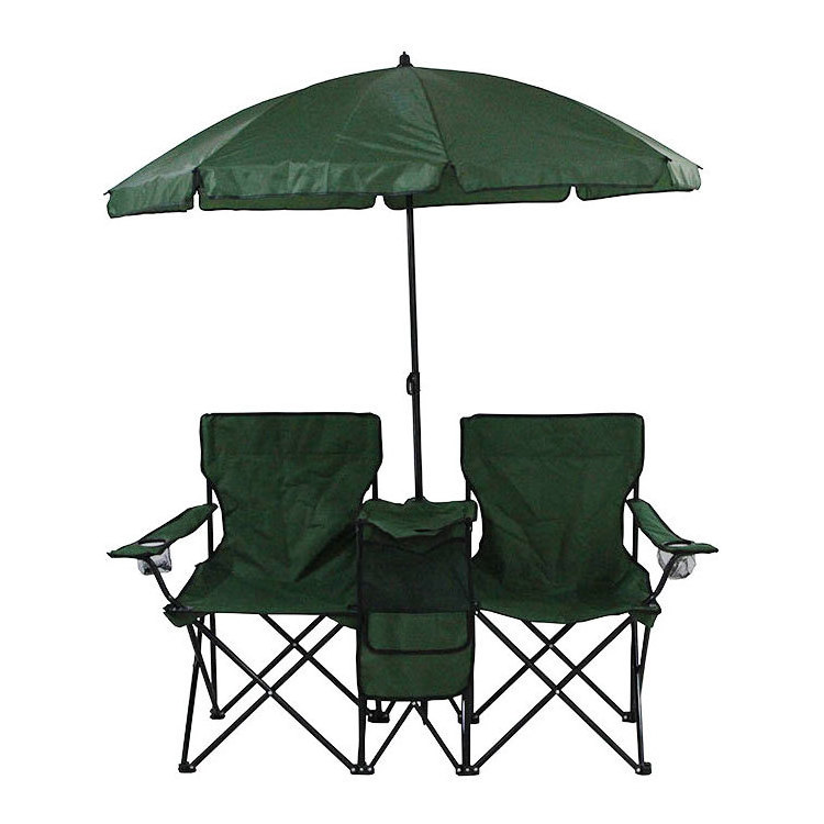 Outdoor foldable portable sturdy beach chair comfortable double camping chair with umbrella and cooler bag