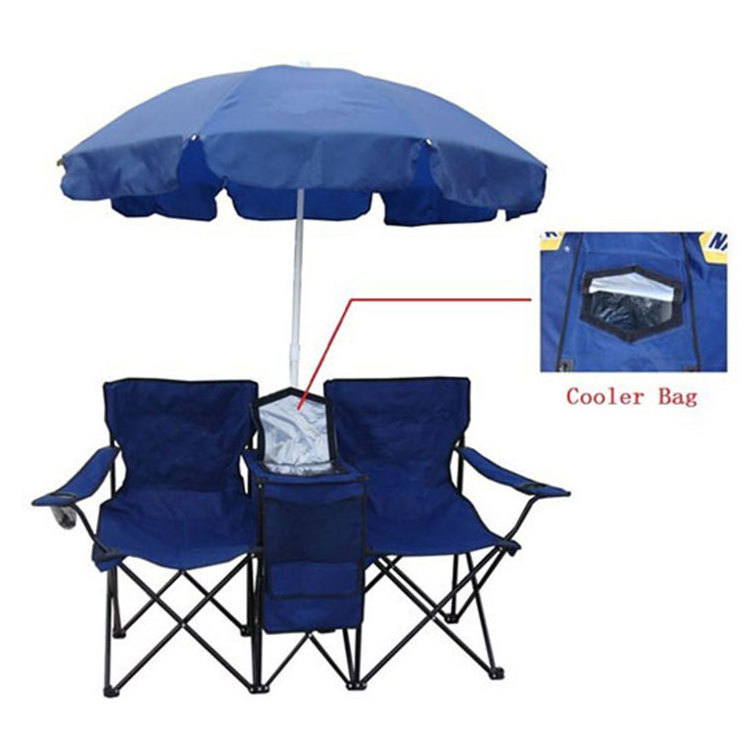 Outdoor foldable portable sturdy beach chair comfortable double camping chair with umbrella and cooler bag