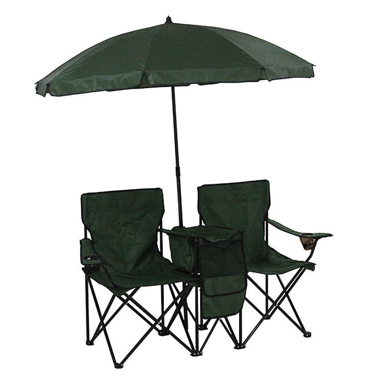 Outdoor foldable portable sturdy beach chair comfortable double camping chair with umbrella and cooler bag