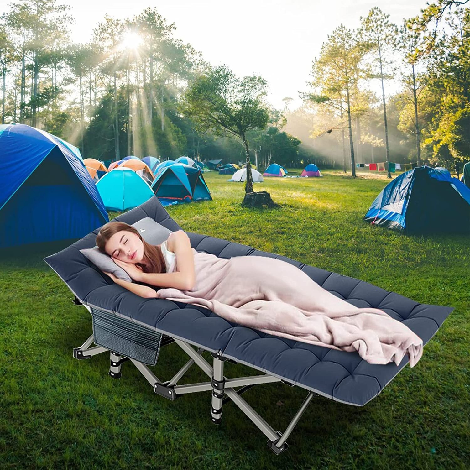 Portable outdoor folding bed  camping cot for adult with cushion, Double Layer Oxford Portable Travel outdoor Camping Bed