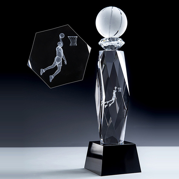 Custom Wholesale big mvp Basketball sports Award trophy 3d laser engraving crystal glass trophy cup basketball for sports