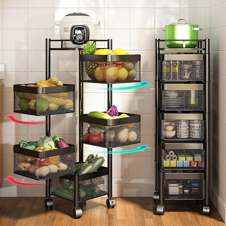 Kitchen storage rotary trolley rack 5 layers of fruit and vegetable basket grid rack wheels storage racks shelving units