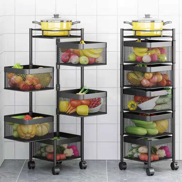 Kitchen Vegetable Or Fruit Storage Rack Rotatable Trolley Cart With Wheels