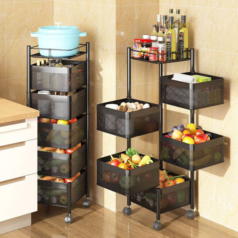 Home Metal Multi Layer Rotating Vegetable Rack Square Column Basket Storage Revolving Spice Rack Kitchen Organizer Stand Shelves