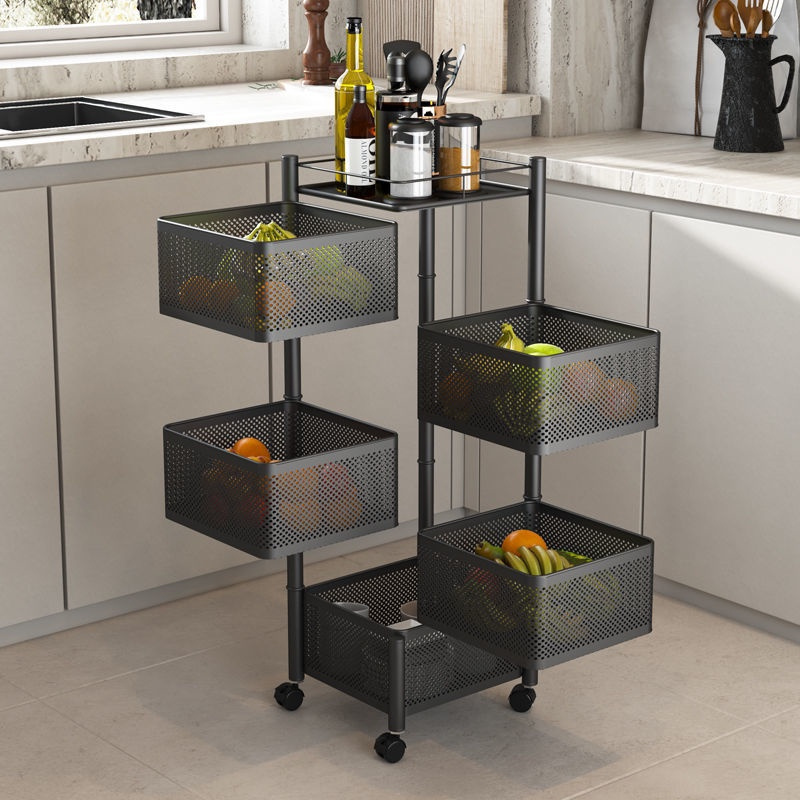 5 Layers Black Rotating Vegetable Shelving Kitchen Floor Multilayer Square Storage Rack