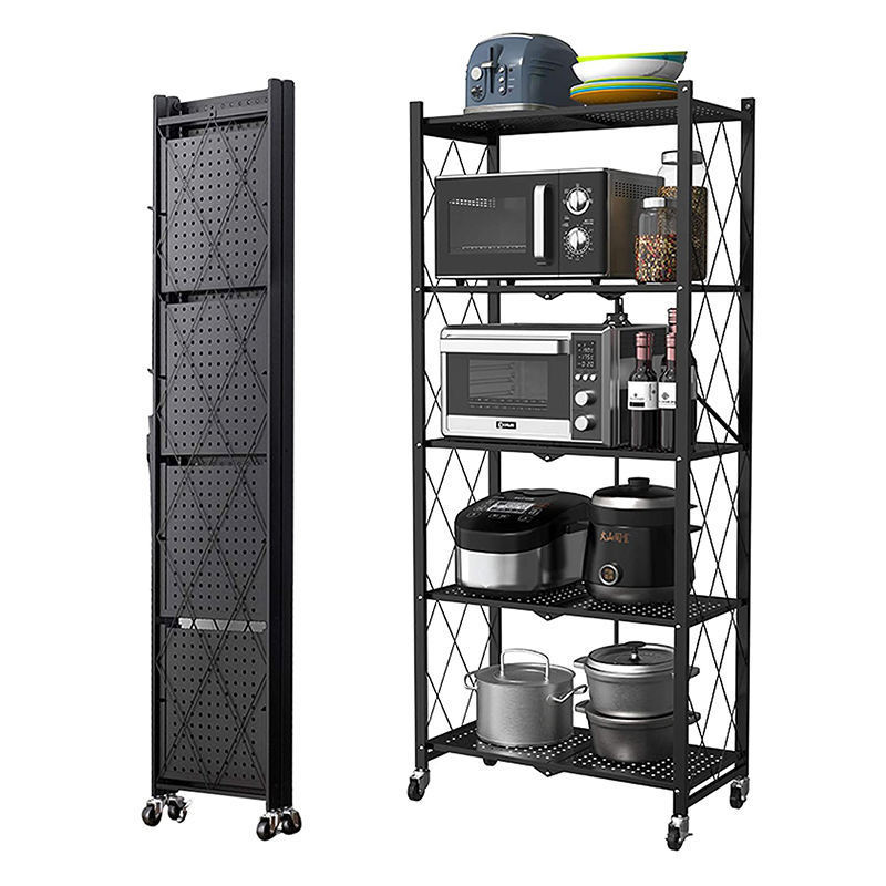 Folding Shelf 5 Tiers Household Steel Storage Shelf Rack No Assembly Kitchen Storage Foldable Rack Shelf On Wheels