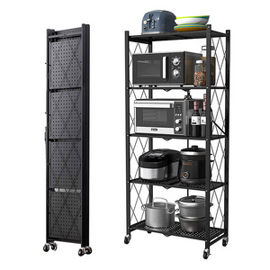 Folding Shelf 5 Tiers Household Steel Storage Shelf Rack No Assembly Kitchen Storage Foldable Rack Shelf On Wheels