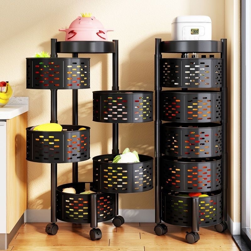 Rotating Shelf With Wheels 360 Degree Baskets Fruit Multipurpose 3 4 5 Tier Kitchen Vegetable Metal Storage Rack