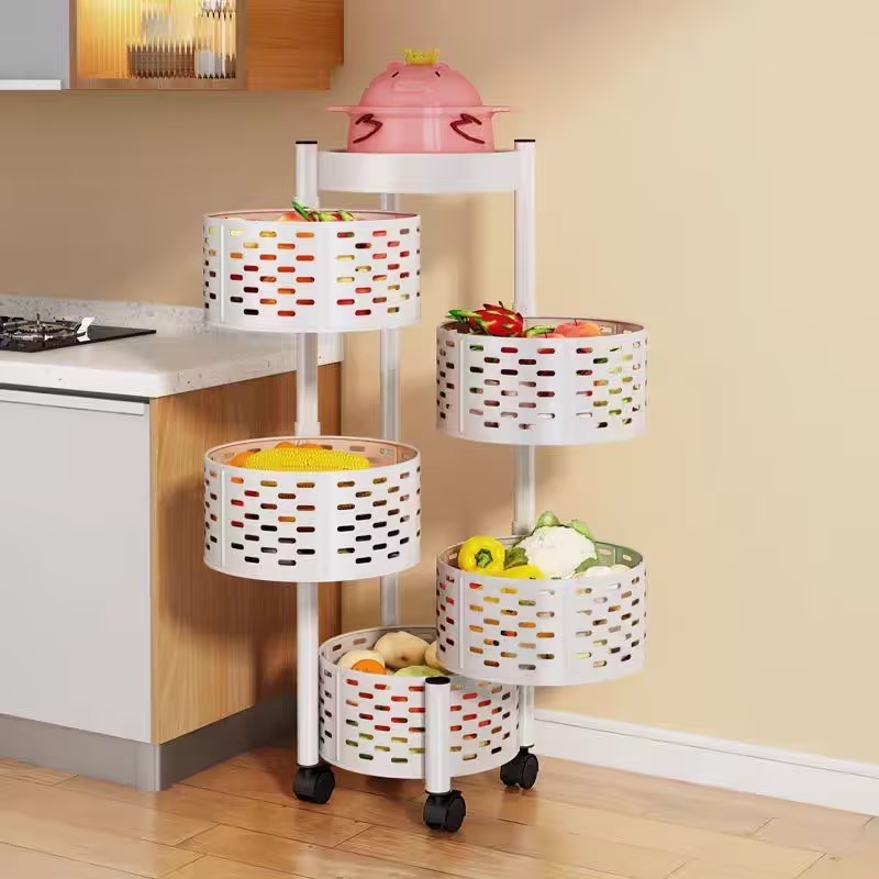 Rotating Shelf With Wheels 360 Degree Baskets Fruit Multipurpose 3 4 5 Tier Kitchen Vegetable Metal Storage Rack