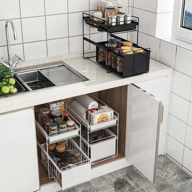 Kitchen Cabinet Closet Shelf Organizer Storage Rack for Countertop and Under Sink Metal Wire Shelf with Drawer