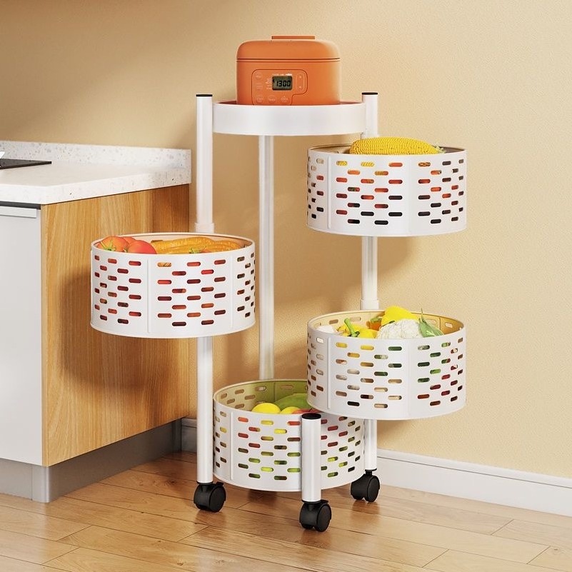 Rotating Shelf With Wheels 360 Degree Baskets Fruit Multipurpose 3 4 5 Tier Kitchen Vegetable Metal Storage Rack