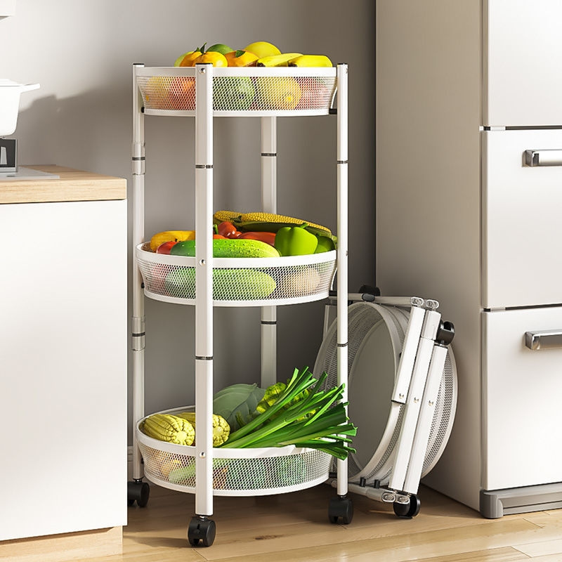 kitchen supplies 3  Layer Folding Storage Rack kitchen storage shelf wire rack with Wheel Movable for Living Room Bedroom