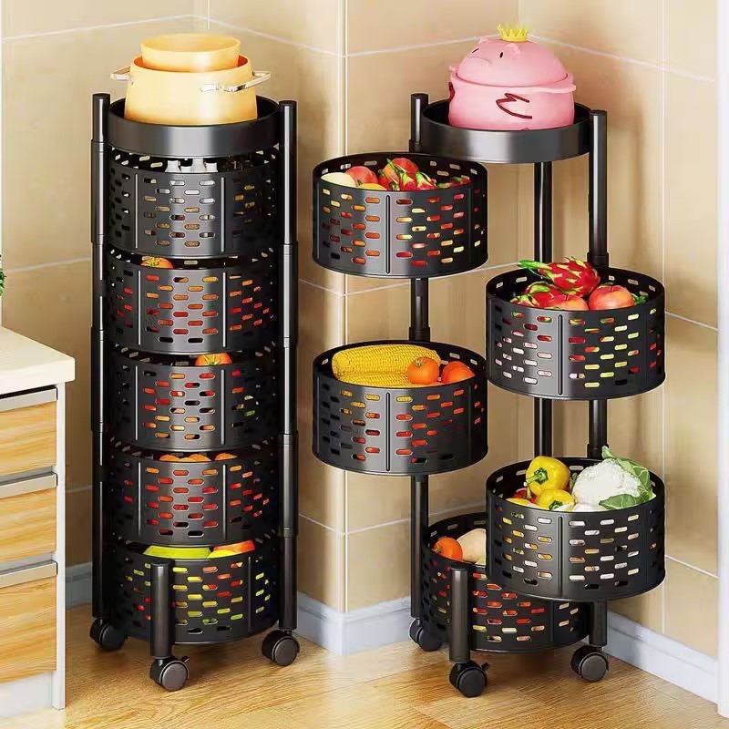 Rotating Shelf With Wheels 360 Degree Baskets Fruit Multipurpose 3 4 5 Tier Kitchen Vegetable Metal Storage Rack