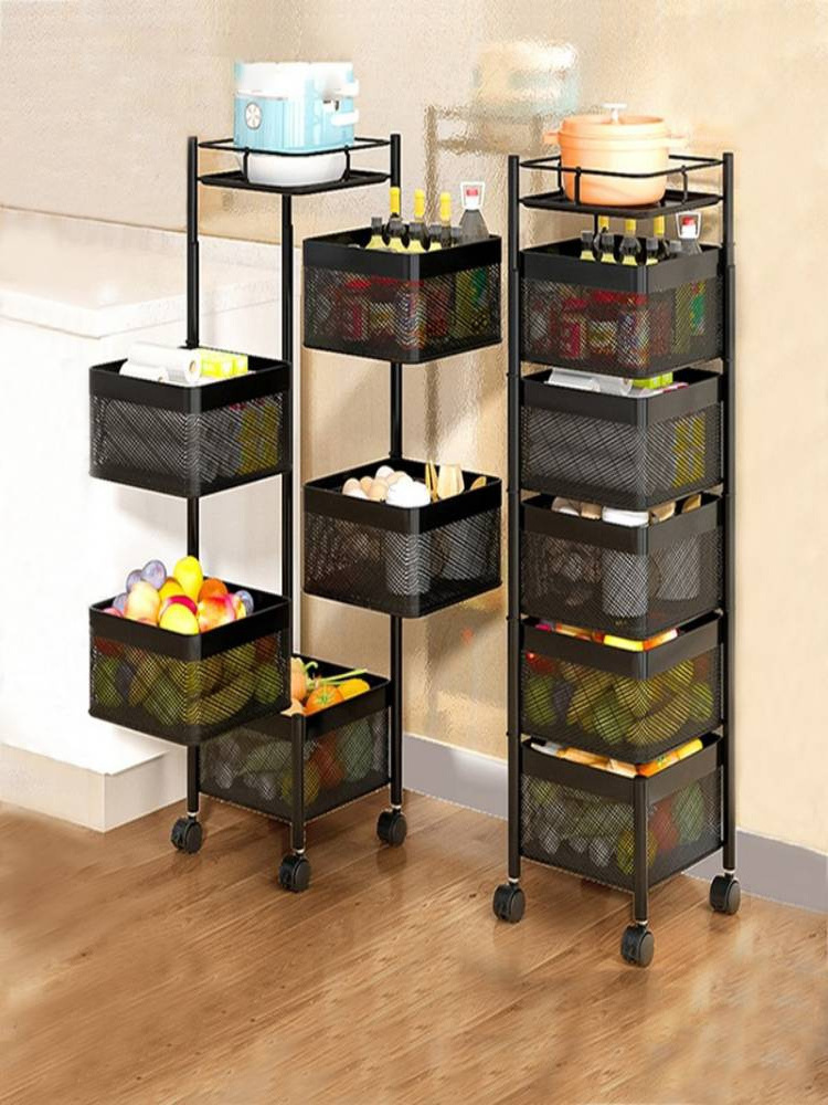 5 Layers Black Rotating Vegetable Shelving Kitchen Floor Multilayer Square Storage Rack