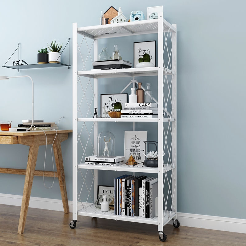 Folding Shelf 5 Tiers Household Steel Storage Shelf Rack No Assembly Kitchen Storage Foldable Rack Shelf On Wheels