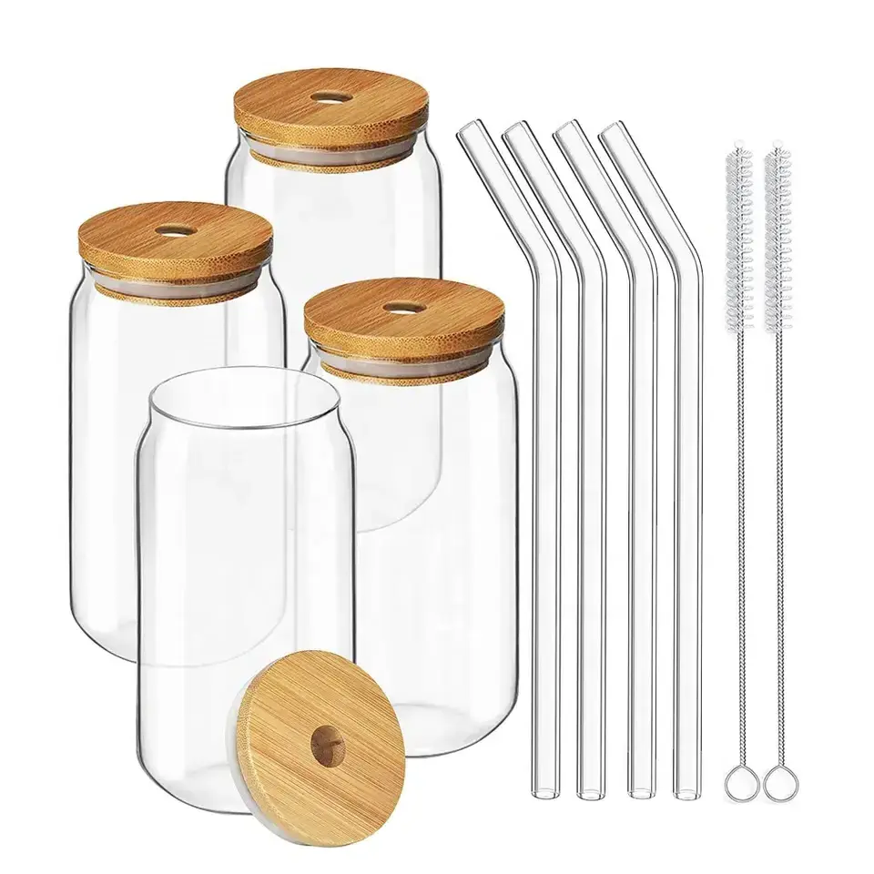 Glass Can Cup With Lid And Straw 12oz 16 Oz Glass Cups With Bamboo Lid And Straw For Smoothie, Boba Tea Glass Beverage Cup