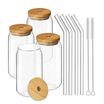 Glass Can Cup With Lid And Straw 12oz 16 Oz Glass Cups With Bamboo Lid And Straw For Smoothie, Boba Tea Glass Beverage Cup