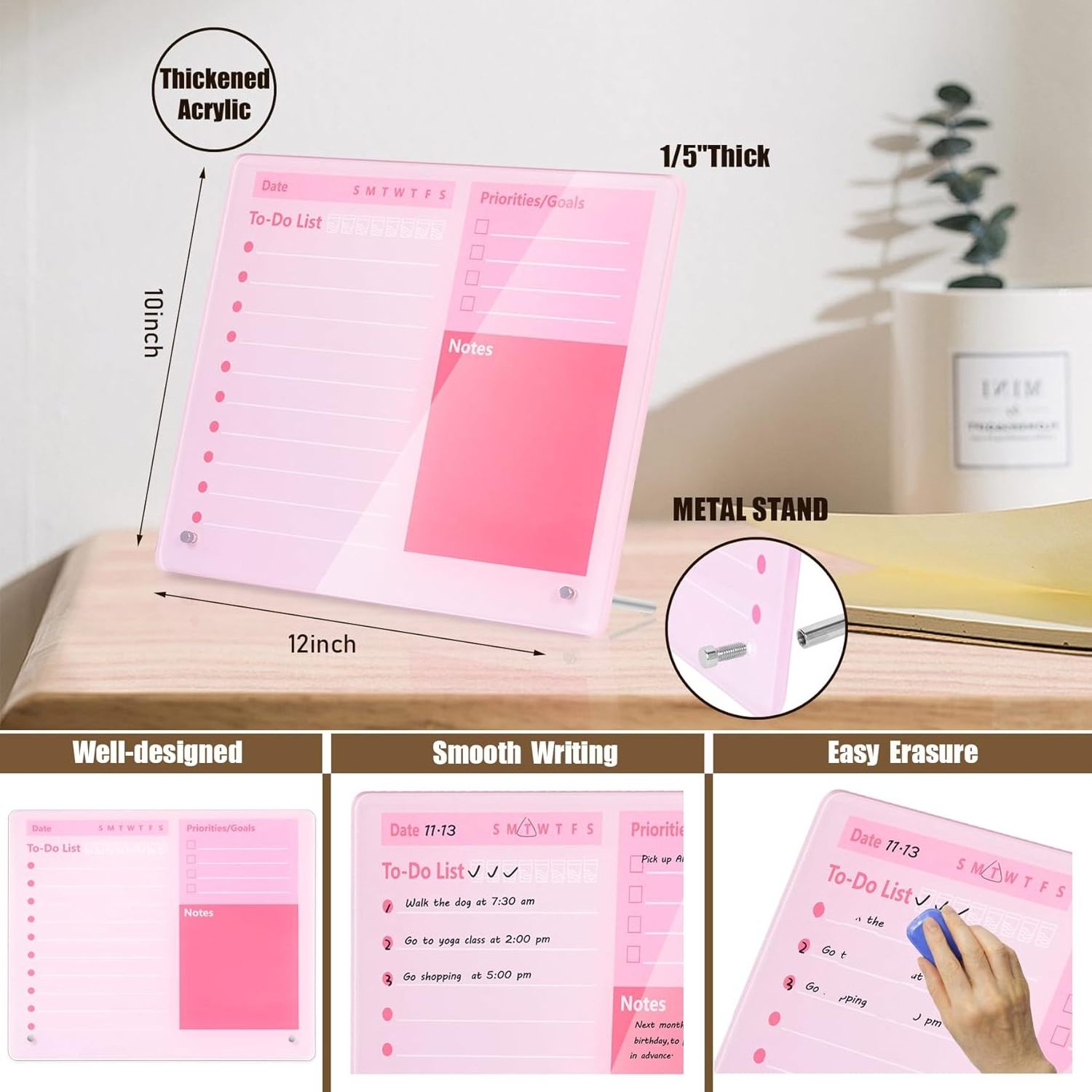 Acrylic desktop dry erase board To-do List planner board with stand, suitable for office/home/school, supports custom sizes