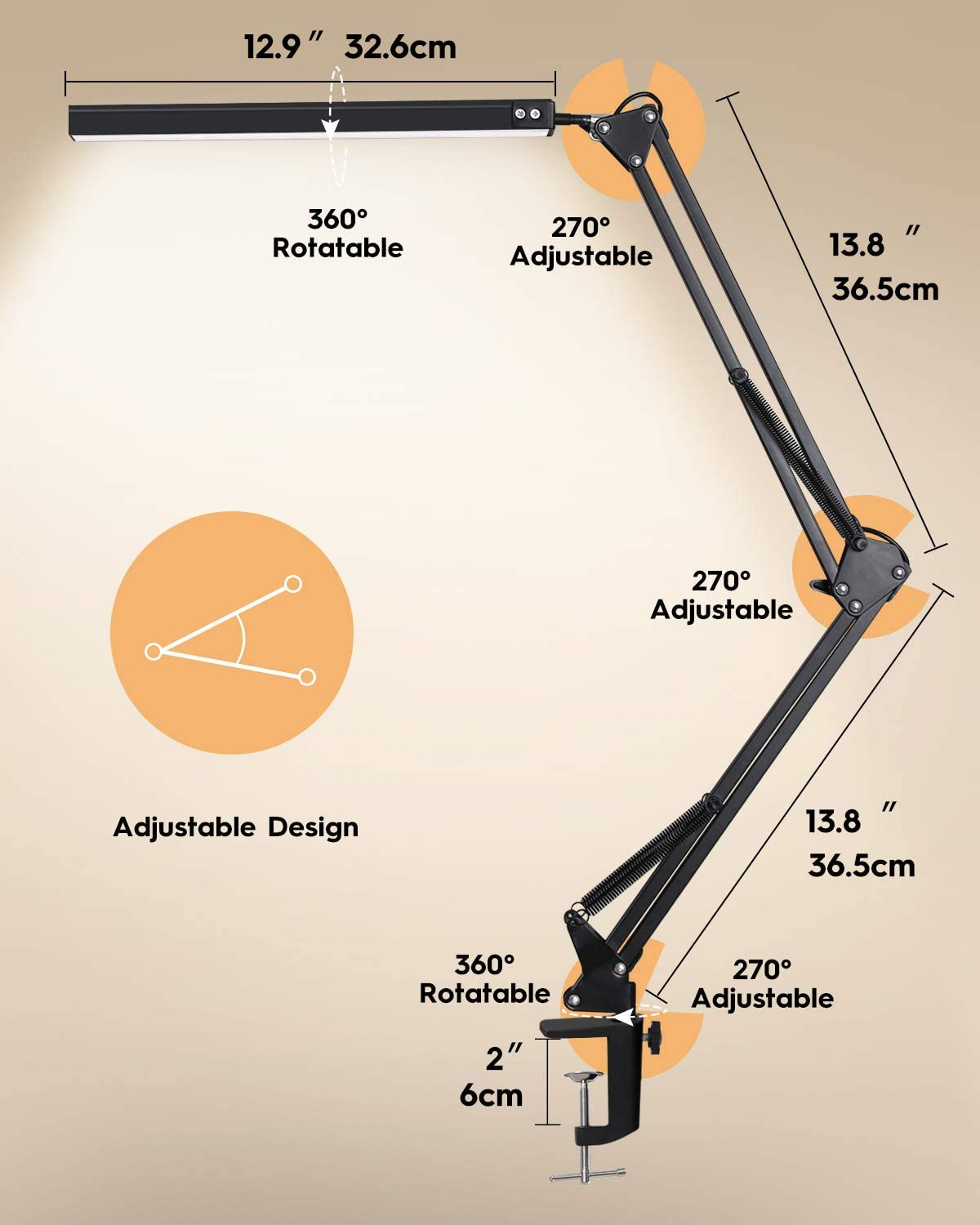 LED Desk Lamp with Clamp-on 10W Swing Arm Eye-Caring Dimmable Desk Light with 10 Brightness Level