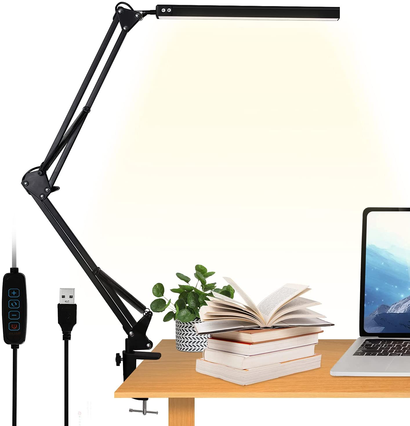 LED Desk Lamp with Clamp-on 10W Swing Arm Eye-Caring Dimmable Desk Light with 10 Brightness Level