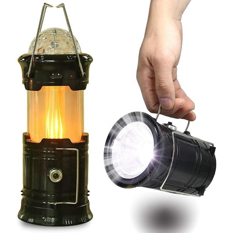 Solar Powered Portable Stage Light Flashlight Retractable Flame Effect Lantern Lamp Rechargeable Outdoor Camping Tent Light