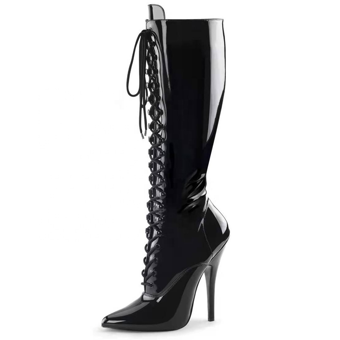 Wholesale plus size sexy Patent Leather High heels Sexy Pointed Toe Fashion Stiletto women Knee Boots