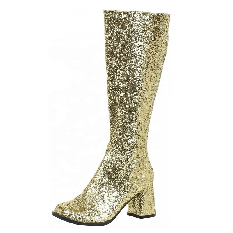 Costumes 60s 70S Square Heels Knee Booties Glitter High Calf Boots Chunky Heel Gogo Boots for Women