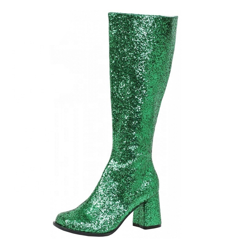 Costumes 60s 70S Square Heels Knee Booties Glitter High Calf Boots Chunky Heel Gogo Boots for Women