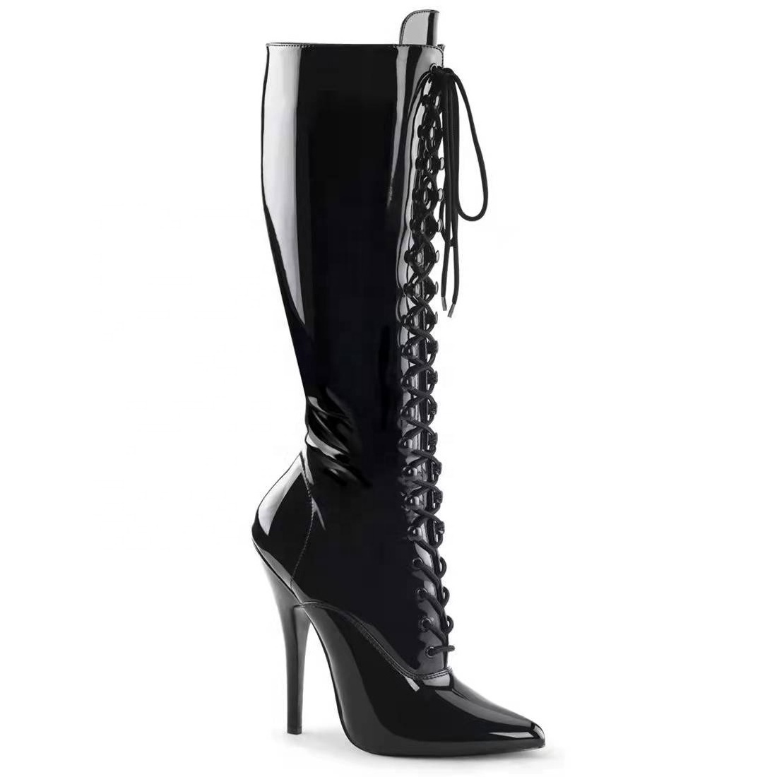 Wholesale plus size sexy Patent Leather High heels Sexy Pointed Toe Fashion Stiletto women Knee Boots