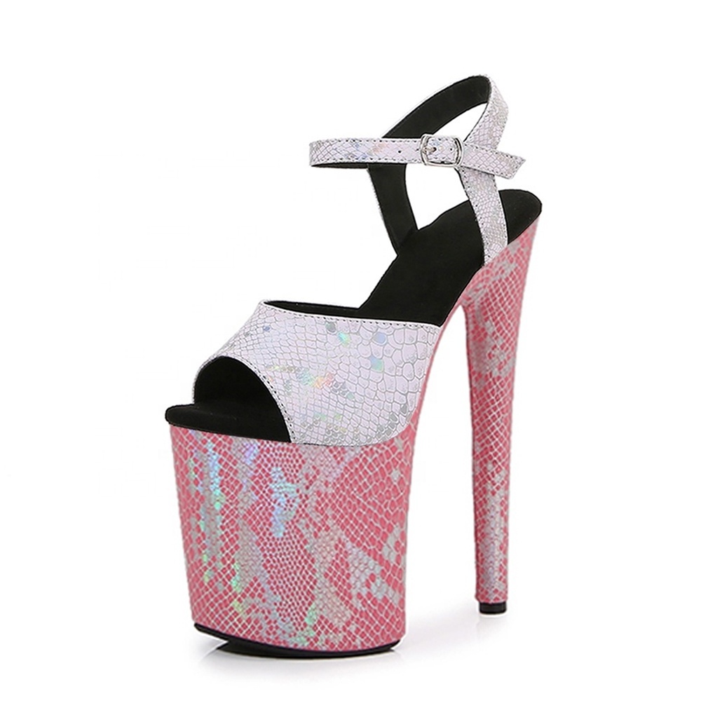 20CM Ultra High Heels Ladies Pole Dance Catwalk Shows Party Shoes Laser Snake Print Stripper Platform Buckle Strap Sandals