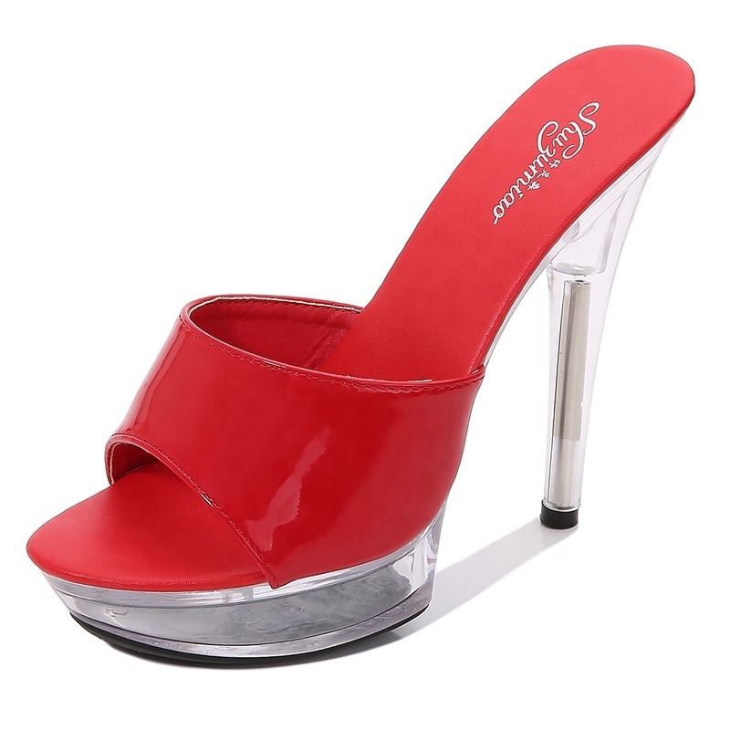 Patent PU Transparent ladies high heel slippers sexy platform sandal stripper heels shoes