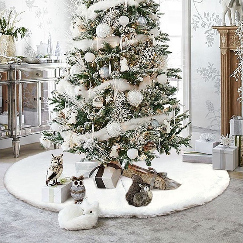 78/90/122cm Christmas Tree Skirt Faux Fur Snowflake White Plush Tree Skirt for Xmas Tree