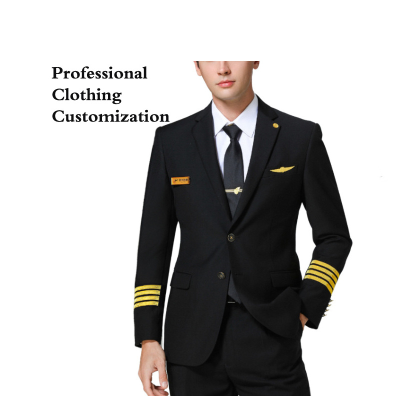 Custom Men's Pilot Costume With Jacket Trousers And Hat Logo Handsome Aircraft commander Captain Airline pilot Uniform