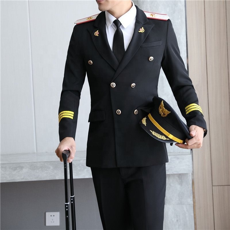 Custom Men's Pilot Costume With Jacket Trousers And Hat Logo Handsome Aircraft commander Captain Airline pilot Uniform