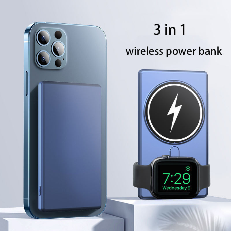 new design high quality 5000mah mobile phone portable mini thin 15w fast 3 in 1 power bank wireless FOR IWATCH se 7 6