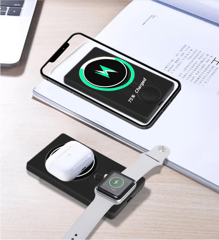 new design high quality 5000mah mobile phone portable mini thin 15w fast 3 in 1 power bank wireless FOR IWATCH se 7 6