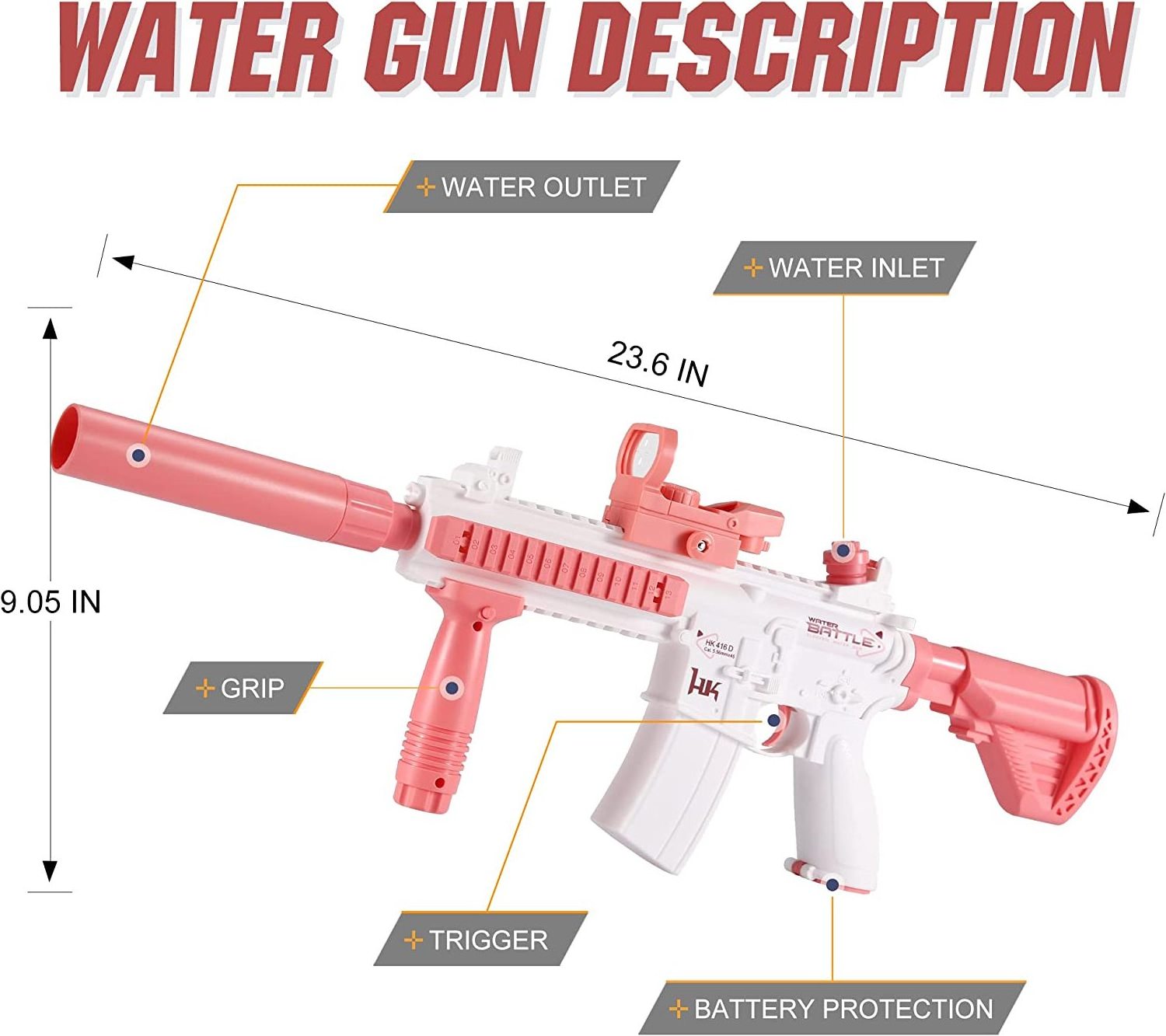 2024 Hot Ssle M416 Pink Electric Water Gun Long Distance Electric Squirt Gun For Kids Automatic Water Gun Toy Summer Outdoor