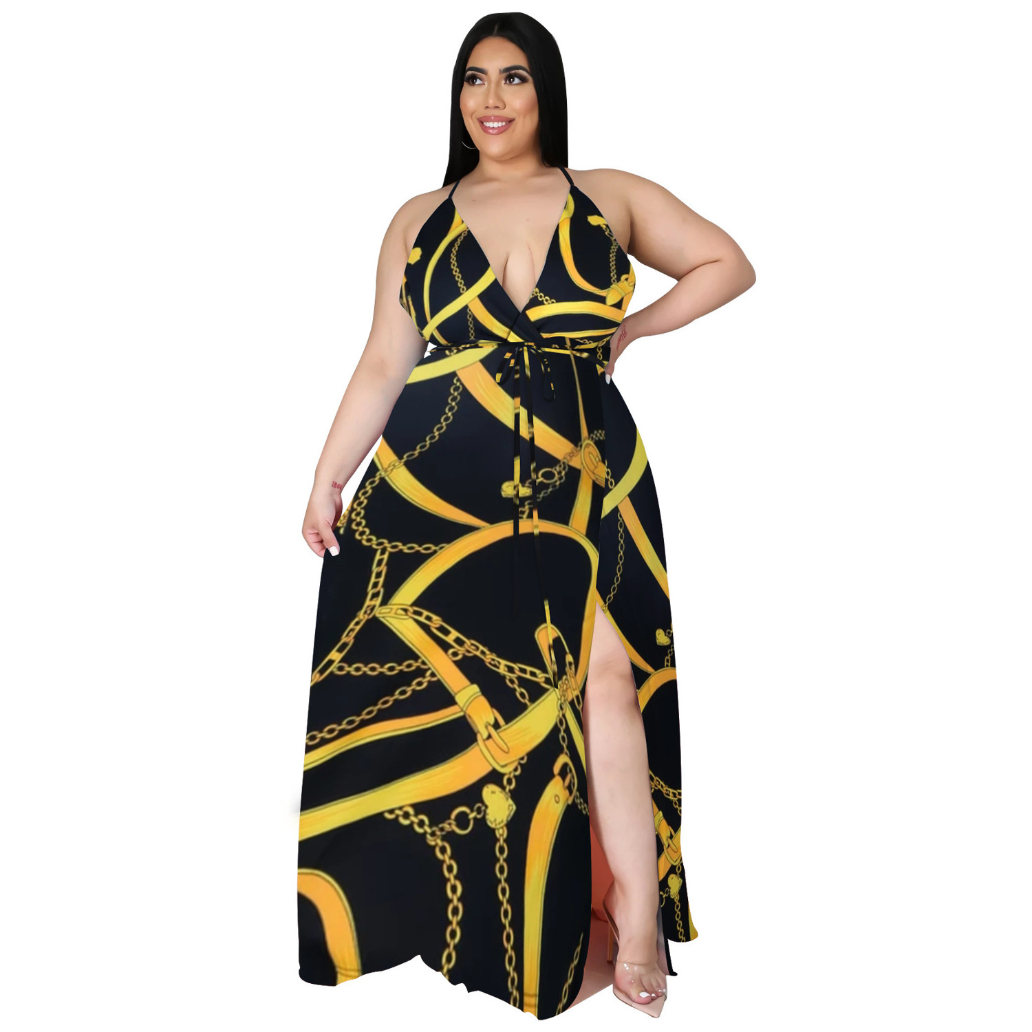 D1200 casual sundress ethnic clothing backless women clothing deep V-neck maxi dress lace up tie dye plus size women's dresses