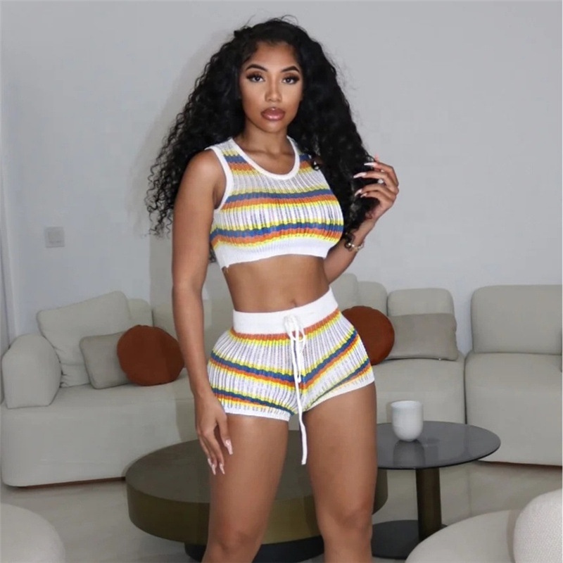 W23S29904 New fashion summer clothes striped mini skirts knitted cropped polo shirts women's sets casual 2 piece set women