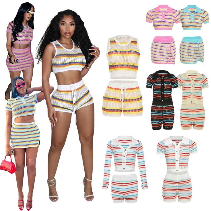 W23S29904 New fashion summer clothes striped mini skirts knitted cropped polo shirts women's sets casual 2 piece set women