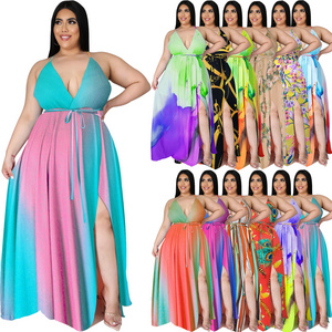 D1200 casual sundress ethnic clothing backless women clothing deep V-neck maxi dress lace up tie dye plus size women's dresses