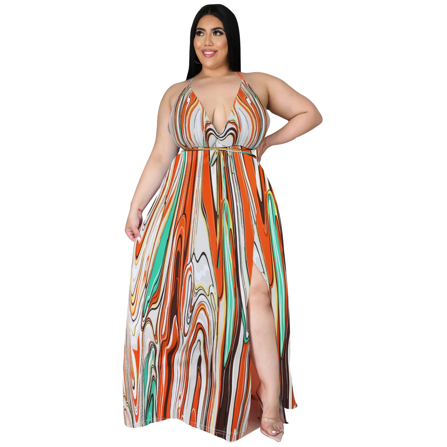 D1200 casual sundress ethnic clothing backless women clothing deep V-neck maxi dress lace up tie dye plus size women's dresses