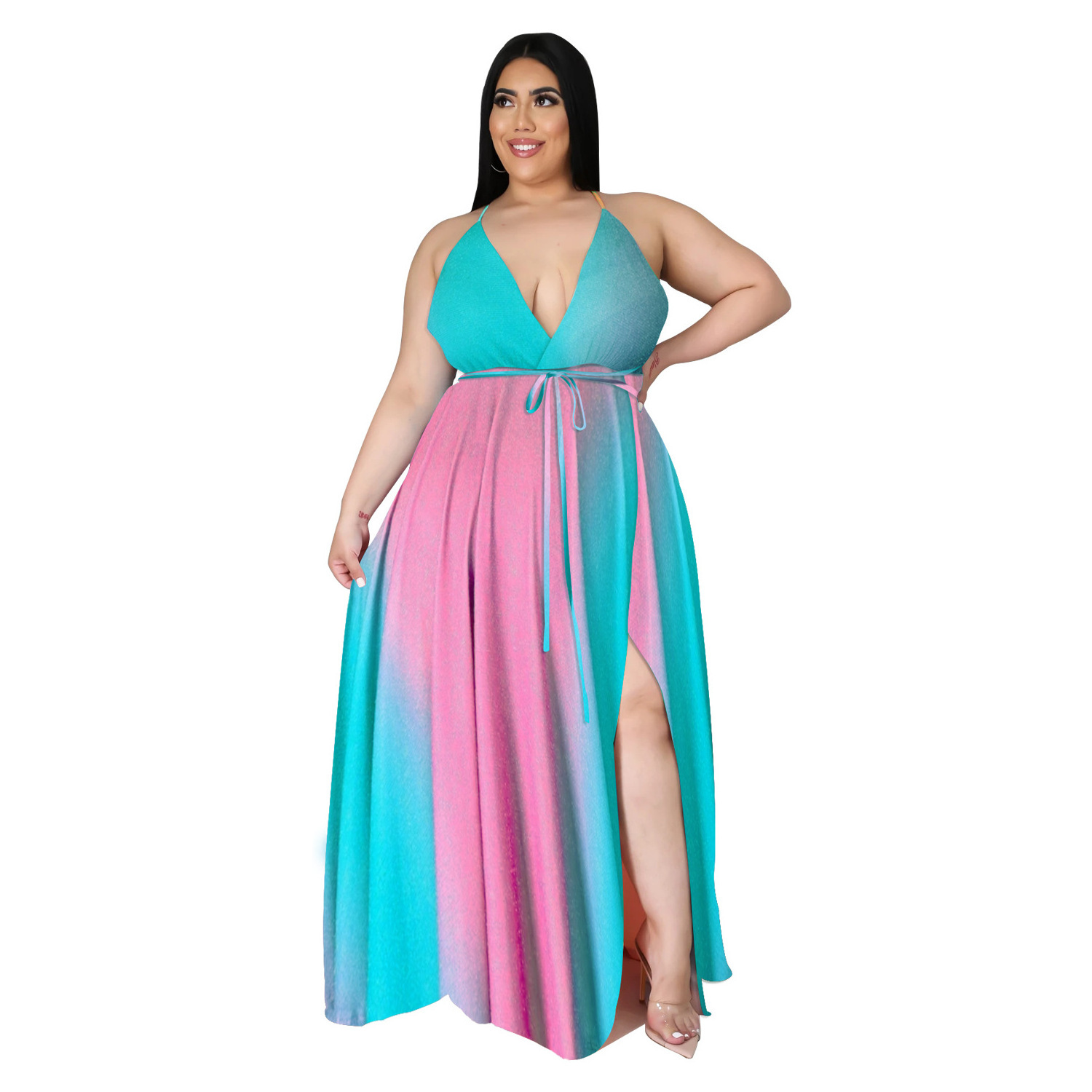 D1200 casual sundress ethnic clothing backless women clothing deep V-neck maxi dress lace up tie dye plus size women's dresses