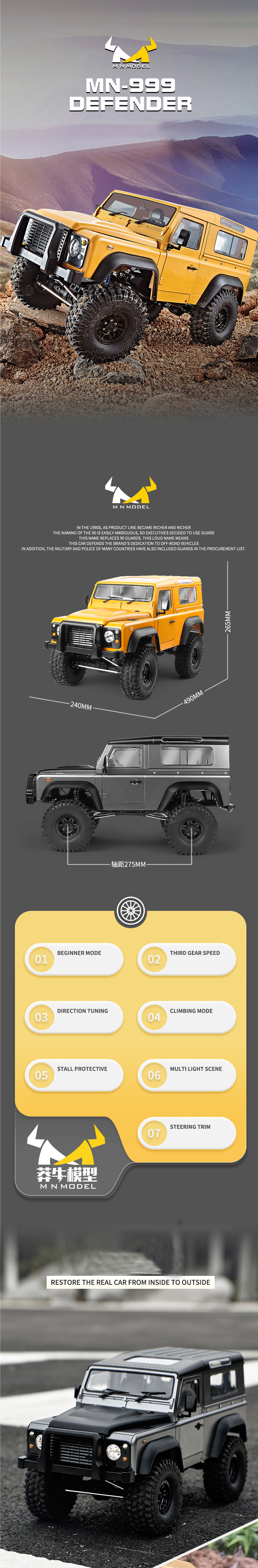 1/10 RC Car MN-999 Land Rover Defender 2.4G 4WD Radio Control Toys Rc Rock Crawler Radio Control Toys Car for Adult MN999