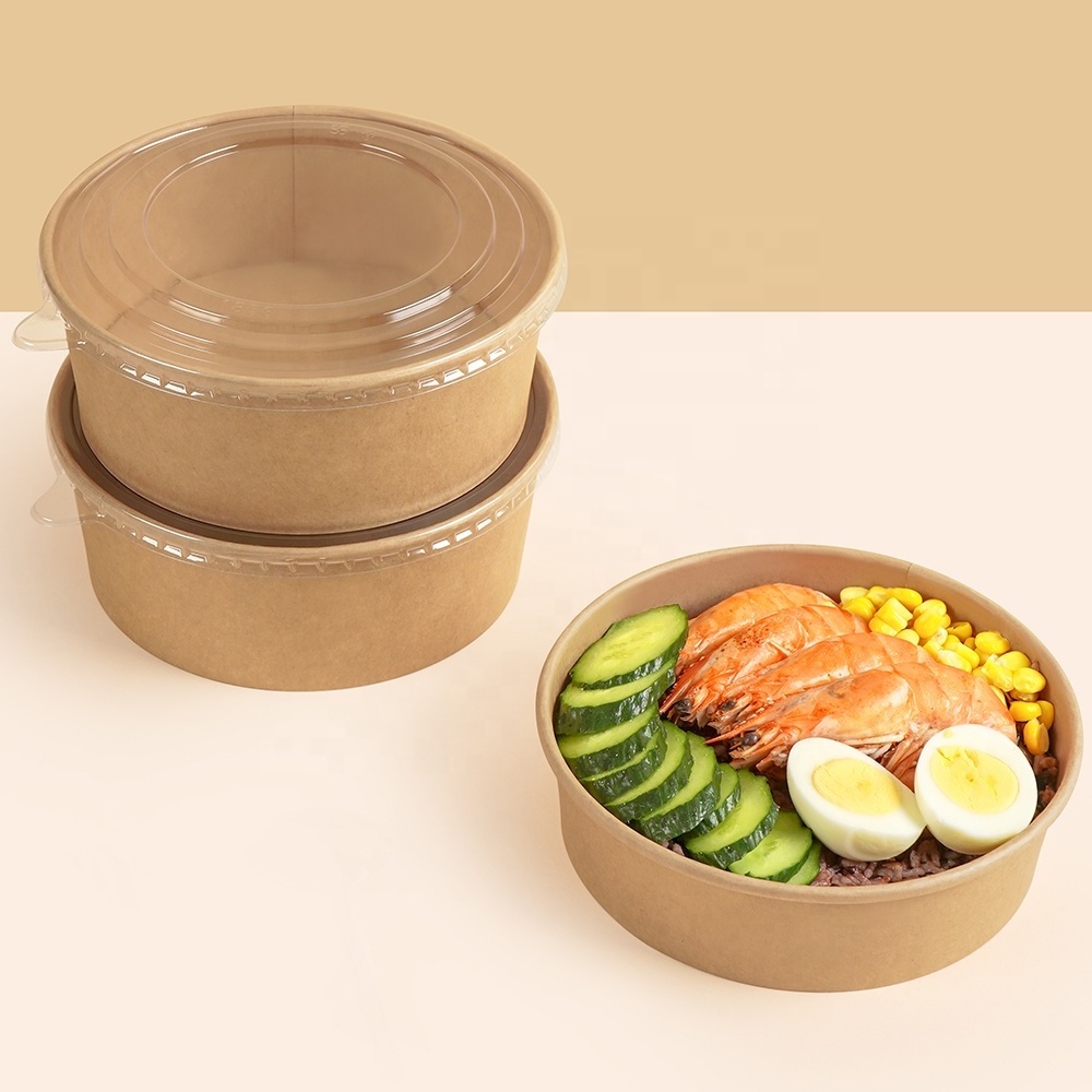 customize logo printing disposable kraft paper bowl paper salad box round kraft paper container with OPS lid for fast food fruit