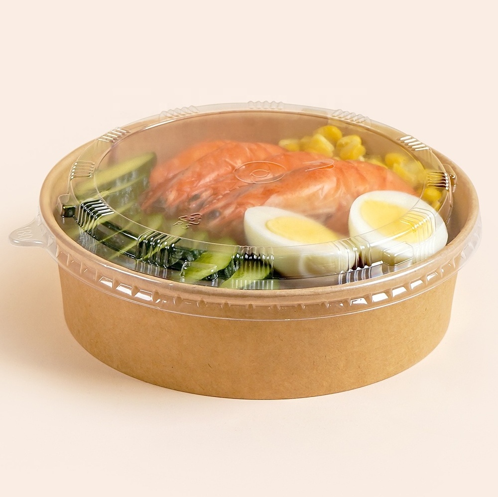 customize logo printing disposable kraft paper bowl paper salad box round kraft paper container with OPS lid for fast food fruit