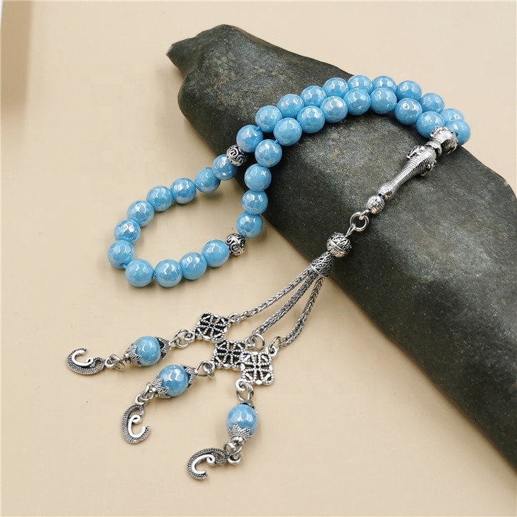 Muslim Rosary 33pcs 8mm Blue Stone Islamic Prayer Beads Best Tasbih