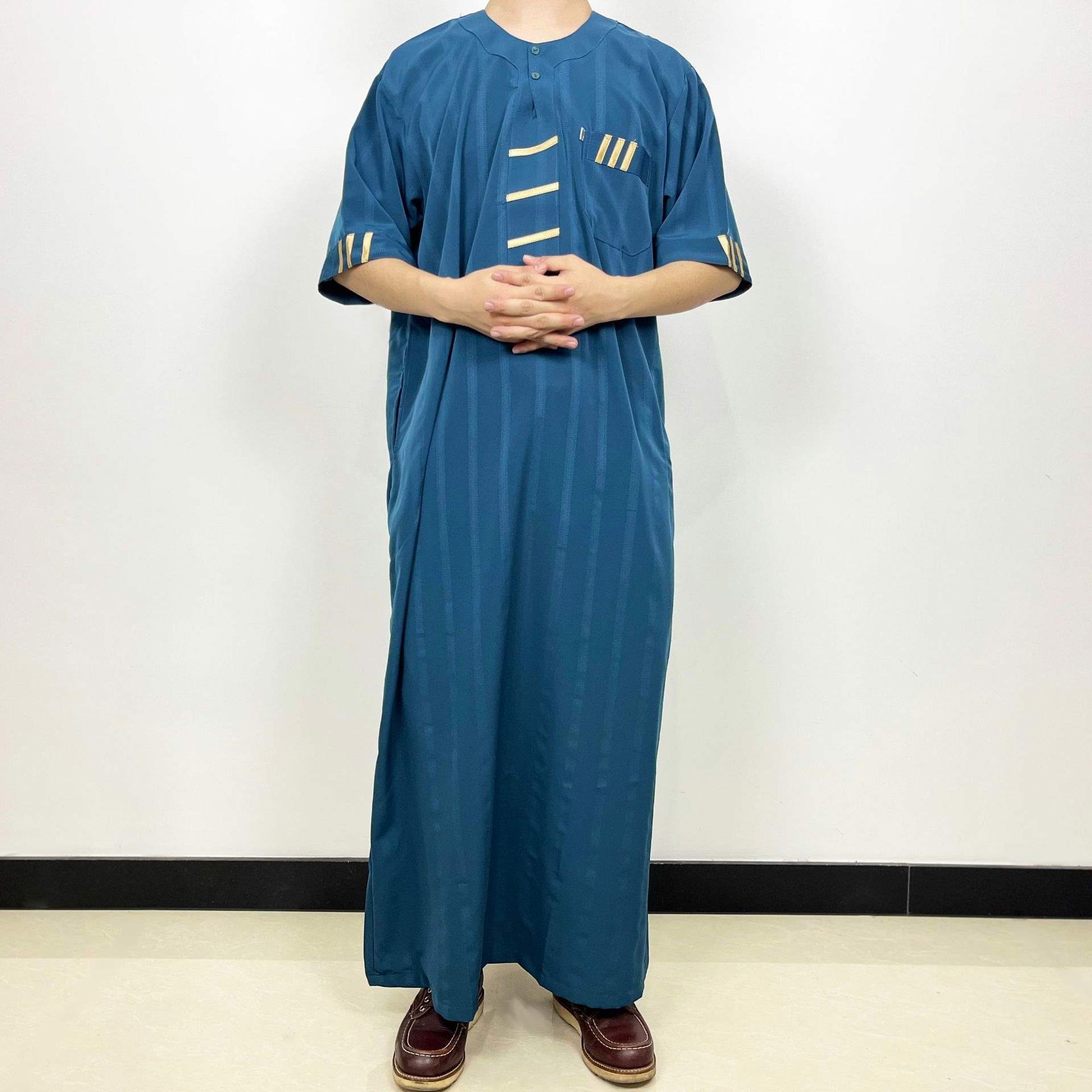 Morocco Islamic Men Clothing Kurta Embroidery Pajama Men'S Jubba Moroccan Short Sleeve Thobe