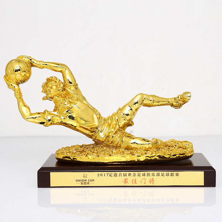 Custom Logo Goalkeepers Figure Out Door Man World Sport Wooden Base Resin Gold Awards Football Trophy